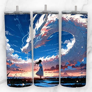 May include: A set of three stainless steel tumblers with a colorful anime-style design featuring a white dragon flying through a blue sky with clouds and a girl standing in the foreground.