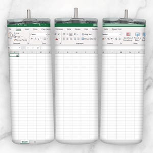 May include: Three white tumblers with a green and white Microsoft Excel spreadsheet design. The spreadsheet has the standard Excel toolbar and menu options. The tumblers are a popular design for office workers and students.
