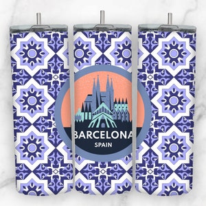 Azulejo español España Viaje Viaje Barcelona Tumbler Wrap para 20oz Skinny Tumbler PNG Diseño de sublimación Descarga digital Tapered & Straight