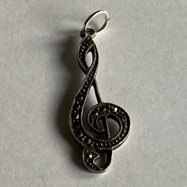 Stunning Petite Musical Note Sterling Silver Marcasite Charm Pendant