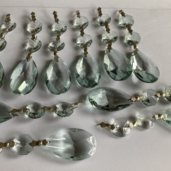 10 x Antique Style Small Blue Green Coated Glass Button Tear Drop Chandelier Drops