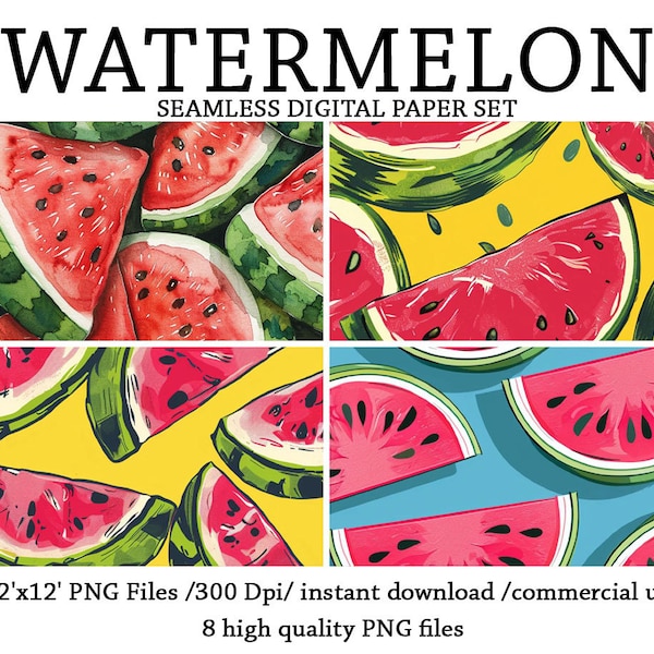 Watermelon Seamless Pattern, Fruit Sublimation File, Watermelon Tumbler Wrap, Watermelon Digital Paper Set, Tropical Fruit printable,