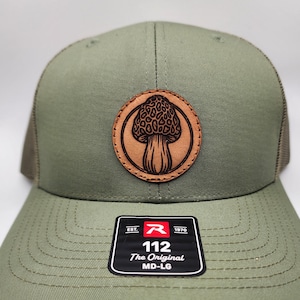 Morel Mushroom Trucker Hat – Leather Patch Forager Cap, Loden Green