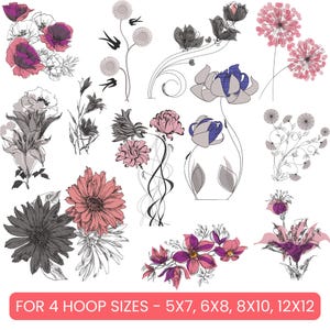 May include: A collection of floral designs in various styles, including poppies, dandelions, and stylized blooms. The color palette includes shades of pink, purple, gray, and black, with delicate line art details. Text at the bottom reads: FOR 4 HOOP SIZES - 5X7, 6X8, 8X10, 12X12.