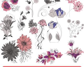 Paquete de diseños de bordado con líneas florales / Patrones de bordado a máquina con bocetos de flores - 4 tamaños
