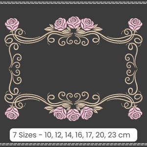 May include: A decorative frame with a gold scroll design and pink roses. The frame is available in 7 sizes: 10, 12, 14, 16, 17, 20, and 23 cm.