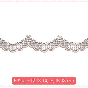 Może przedstawiać: Delikatna biała koronka z falowanym brzegiem. Koronka jest dostępna w sześciu rozmiarach: 12, 13, 14, 15, 16 i 18 centymetrów.