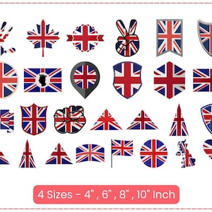Op de afbeelding: Een set van 24 strijkbare patches met de Union Jack-vlag in verschillende ontwerpen en maten. De patches zijn verkrijgbaar in vier maten: 10 cm, 15 cm, 20 cm en 25 cm.