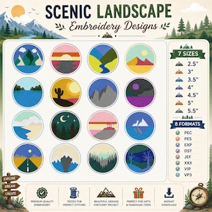 May include: A digital catalog of sixteen circular scenic landscape embroidery designs featuring mountains, forests, deserts, and sunsets. The text reads SCENIC LANDSCAPE Embroidery Designs, 7 SIZES from 2.5" to 5.5", and 8 FORMATS including PEC, PES, EXP, DST, JEF, XXX, VIP, and VP3.