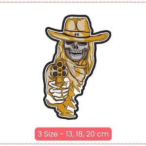 Könnte beinhalten: Gestickter Bügel-Patch mit einem Skelett, das einen gelben Cowboyhut trägt und eine Pistole hält. Der Patch ist 13, 18 oder 20 cm groß.