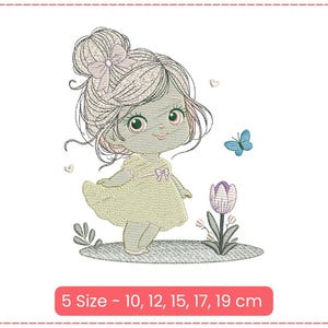whimsical cartoon girl with flowers and butterfly Embroidery Design - 5 Size - 10, 12, 15, 17, 19 cm - Digital Download