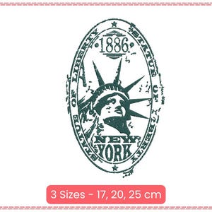 May include: A vintage-style, distressed, oval-shaped stamp with a green image of the Statue of Liberty and the text "STATUE OF LIBERTY - 1886 - NEW YORK".