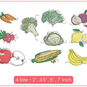 May include: Embroidered designs of various fruits and vegetables, including a red apple, green broccoli, a yellow banana, a purple onion, and a green cabbage. The designs are in various sizes, from 2 to 7 inches.