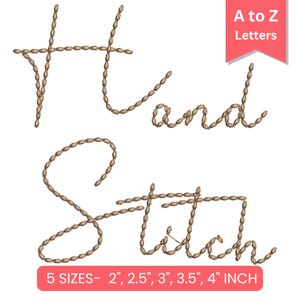 May include: The words "Hand" and "Stitch" are displayed in a stitched font, with the text "A to Z Letters" in a red banner. The image also includes the text "5 SIZES - 2", 2.5", 3", 3.5", 4" INCH". The letters are brown and the background is white.