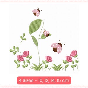 Peut inclure: Broderie représentant des coccinelles roses et des fleurs. Le motif est disponible en quatre tailles : 10, 12, 14 et 15 cm.