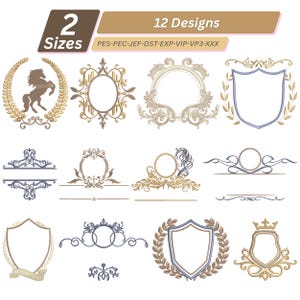 May include: A collection of 12 embroidery designs featuring various frames, shields, and crests in gold, blue, and brown tones. The image includes text stating 2 Sizes and 12 Designs, along with file formats PES-PEC-JEF-DST-EXP-VIP-VP3-XXX.