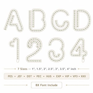 May include: A digital embroidery alphabet and number set featuring letters A, B, C, D and numbers 1, 2, 3, 4 with a decorative stitch pattern. Includes 7 sizes from 1 inch to 4 inches, multiple file formats like PES, JEF, DST, and a BX font file.