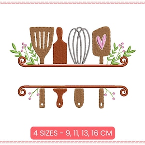 Puede incluir: Diseño bordado de utensilios de cocina en un estante con acentos florales. El diseño incluye una espátula, un batidor, una cuchara de madera y un cortador de galletas en forma de corazón. El texto "4 TAMAÑOS - 9, 11, 13, 16 CM" está debajo del diseño.