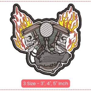 以下が含まれることがあります： 炎と頭蓋骨、オートバイのエンジン、そして「3 Size - 3", 4", 5" Inch」というテキストが刺繍されたアイロン接着パッチ。