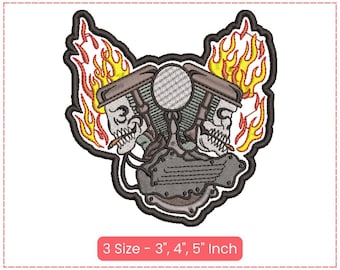 Motorcycle Engine with Skulls and Flames Machine Embroidery Design – 3 Sizes Available
