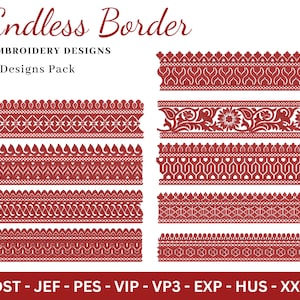 May include: Nine embroidery designs for creating endless borders. The designs feature intricate patterns in a red color scheme.  DST - JEF - PES - VIP - VP3 - EXP - HUS - XXX