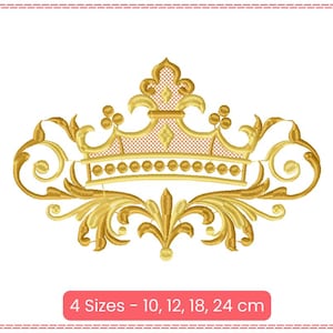 Può includere: Designo ricamato in oro di una corona con dettagli decorativi. Il design è disponibile in quattro dimensioni: 10, 12, 18 e 24 cm.