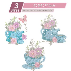 Puede incluir: Diseños bordados de una tetera, una taza y un platillo, adornados con flores y una mariposa. Los diseños son en tonos azules, rosas y verdes. El texto indica tres tamaños: 12,7 cm, 14 cm y 17,8 cm.