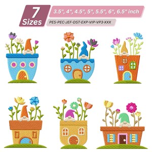 May include: Six machine embroidery designs of gnomes in flowerpot houses with various colorful flowers, windows, and doors. Text includes 7 Sizes, 3.5", 4", 4.5", 5", 5.5", 6", 6.5" inch, and file formats PES-PEC-JEF-DST-EXP-VIP-VP3-XXX.