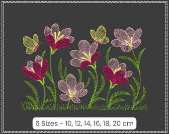 Elegante diseño de bordado de flores silvestres con mariposas - 6 tamaños - Descarga digital instantánea para bordado a máquina