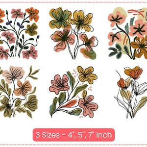 Water Color Types Floral Garden Machine Embroidery Designs, Flowers Embroidery Pattern, 3 Sizes, Instant Download