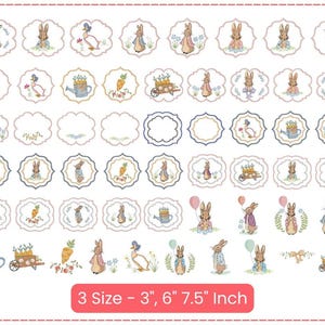 May include: A set of 36 digital embroidery designs featuring Peter Rabbit and other characters from Beatrix Potter's stories. The designs are available in three sizes: 3 inches, 6 inches, and 7.5 inches. The designs are perfect for creating personalised gifts, home decor, and more.