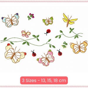 Könnte beinhalten: Gestickte Design mit Schmetterlingen, Marienkäfern und Ranken. Das Design ist in drei Größen erhältlich: 13, 15 und 18 cm.