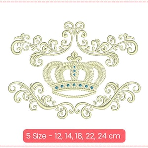 Könnte beinhalten: Eine goldene Krone mit blauen Juwelen und verzierten Ranken, erhältlich in 5 Größen: 12, 14, 18, 22 und 24 cm.
