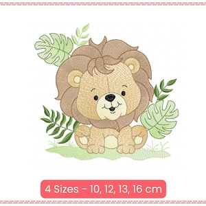 Cartoon lion surrounded by stylized tropical foliage Embroidery Design | Jungle Animal Machine Embroidery Pattern - 4 Sizes