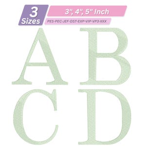 May include: Four embroidered capital letters: A, B, C, and D, in a light green color. The image includes text indicating three size options: 3, 4, and 5 inches. The letters have a textured appearance.