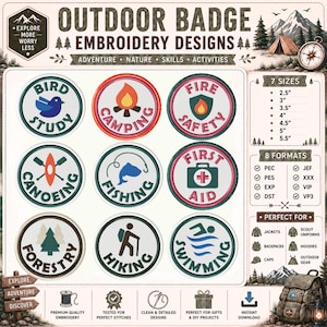 May include: A collection of nine circular outdoor-themed embroidery designs featuring icons for bird study, camping, fire safety, canoeing, fishing, first aid, forestry, hiking, and swimming, with text indicating 7 sizes from 2.5 to 5.5 inches.