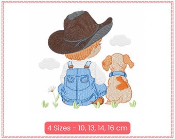 charming Cowboy with Dog machine embroidery design, 4 sizes, instant download