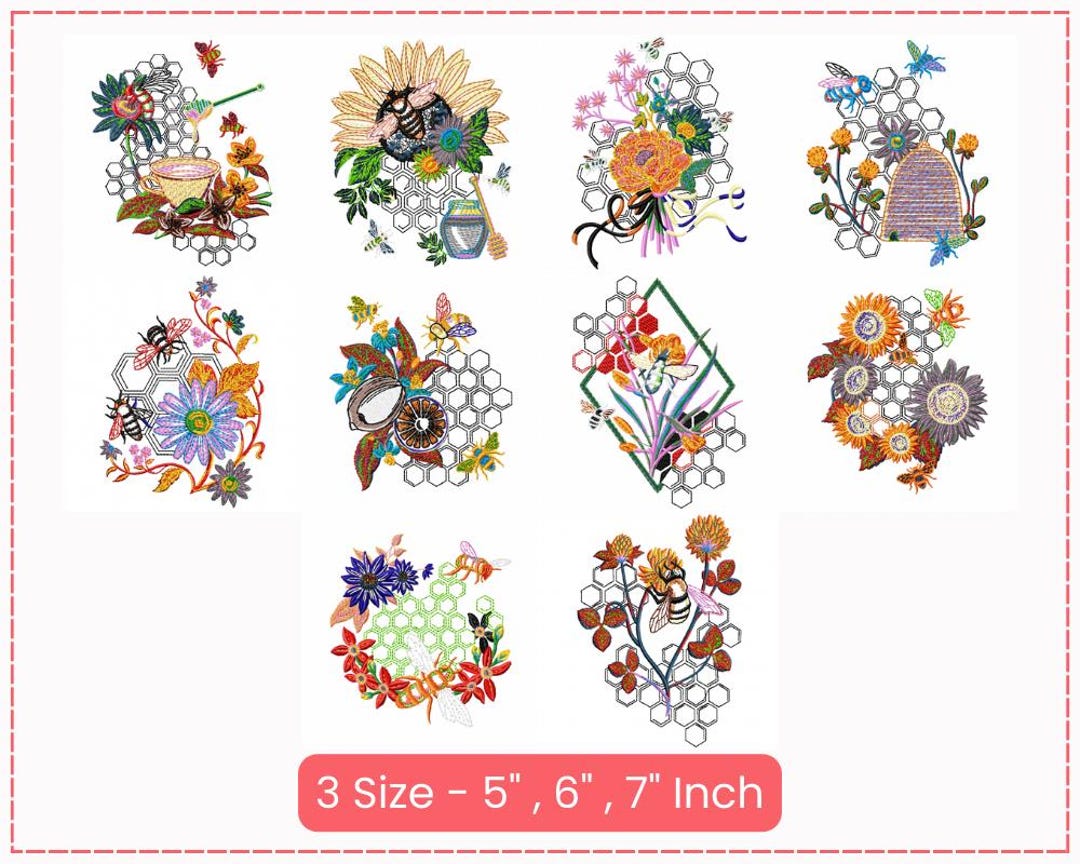 Bee & Honeycomb Embroidery Design | Floral Honeycomb Pattern | 5", 6 ...