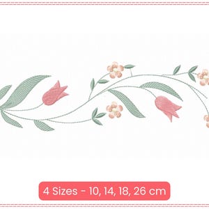 Op de afbeelding: Een delicaat borduurmotief met een roze bloemenrank met groene bladeren. Het ontwerp is verkrijgbaar in vier maten: 10, 14, 18 en 26 cm.