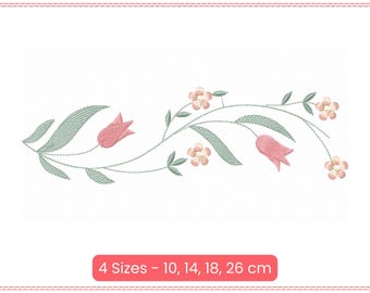 May include: A delicate embroidery design featuring a pink flower vine with green leaves. The design is available in four sizes: 10, 14, 18, and 26 cm.
