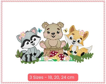 Adorable Woodland Animals - raccoon, bear, and fox Embroidery Design - 3 Sizes (18, 20, 24 cm) - Digital Download
