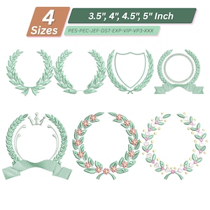 May include: A collection of seven digital embroidery designs featuring various laurel wreaths, shields, and circular frames. The designs include floral and heart accents, with text indicating 4 sizes: 3.5", 4", 4.5", and 5" inches, plus file formats PES, PEC, JEF, DST, EXP, VIP, VP3, and XXX.
