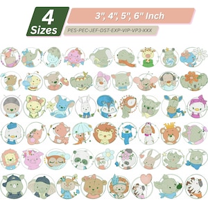 May include: Collection of embroidered animal designs in circular frames. The designs include a variety of animals such as a cow, elephant, koala, and bear. The image includes text that says "4 Sizes" and "3", 4", 5", 6" Inch".
