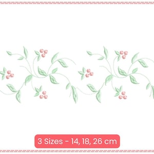 Puede incluir: Un delicado diseño de bordado floral con hojas verdes y bayas rosas. El diseño está disponible en tres tamaños: 14, 18 y 26 cm.