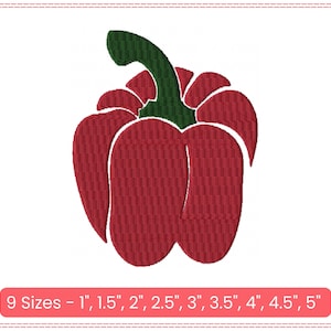 May include: A red bell pepper embroidery design with a green stem. The design is available in nine sizes, ranging from 1 inch to 5 inches. The image is on a white background.