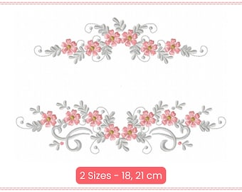 Elegant Floral Corner and Border Embroidery Design Set, Symmetrical Pink Flowers and Silver Leaves, Machine Embroidery for Decoration