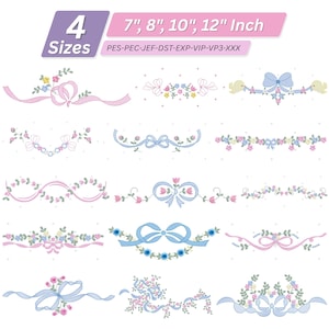 Puede incluir: Imagen que presenta varios diseños florales y de cintas en colores pastel. Los diseños incluyen lazos, flores y cintas, con texto que indica tamaños de 17.78, 20.32, 25.4 y 30.48 cm. También incluye el texto "4 Tamaños".