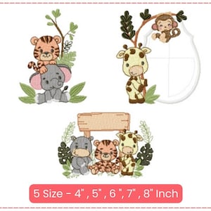 Charming Jungle Safari Animals Embroidery Design Set - Cute Tiger, Giraffe, Elephant & Monkey Patterns for Baby and  Kids Projects - 5 Sizes