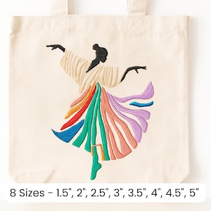 Peut inclure: Sac fourre-tout crème avec une broderie d'une danseuse. La silhouette est noire, avec un haut crème et une jupe colorée rouge, orange, verte, bleue et violette. Le texte "8 Sizes - 1.5", 2", 2.5", 3", 3.5", 4", 4.5", 5"" est en bas.