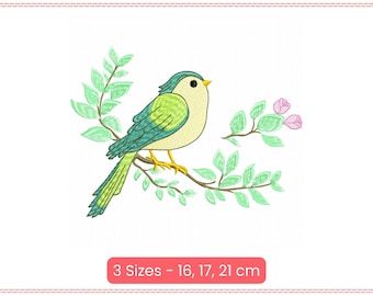 Diseño de bordado de pájaro en una rama: archivo de bordado a máquina inspirado en la naturaleza: patrón de pájaro de primavera